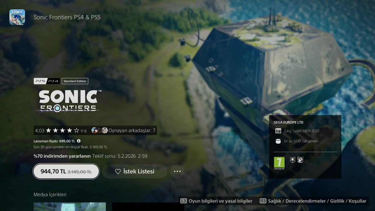 PS Store Sonic Frontiers oyununun lansman fiyatı özelliği
